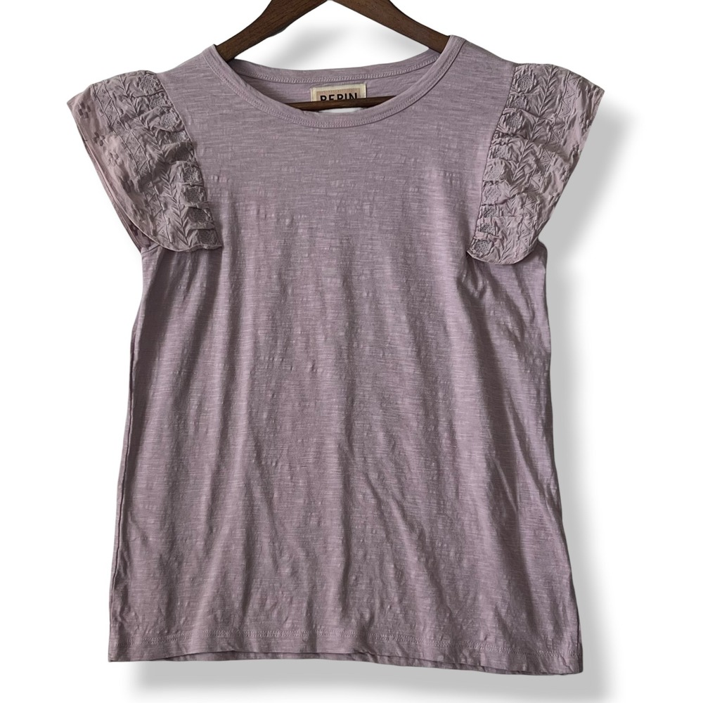 PEPIN Anthropologie T-Shirt M Purple Embroidered Flutter Sleeve Slub 100% Cotton